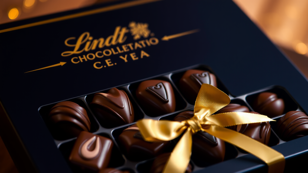 Eine Nahaufnahme einer luxuriösen Pralinenschachtel von Lindt mit goldenem Band
