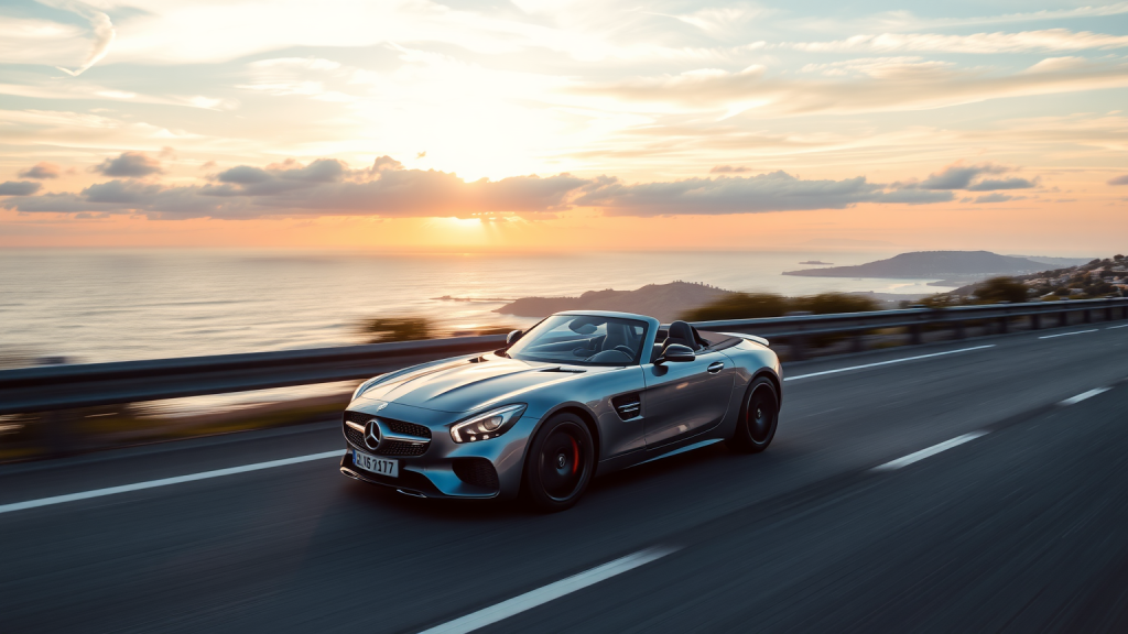 Mercedes-Benz-Coupé fährt auf einer Küstenstraße bei Sonnenuntergang
