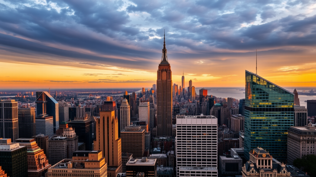 Nvidia-Aktie: Keinesfalls! Skyline einer geschäftigen Finanzdistrikt bei Sonnenuntergang