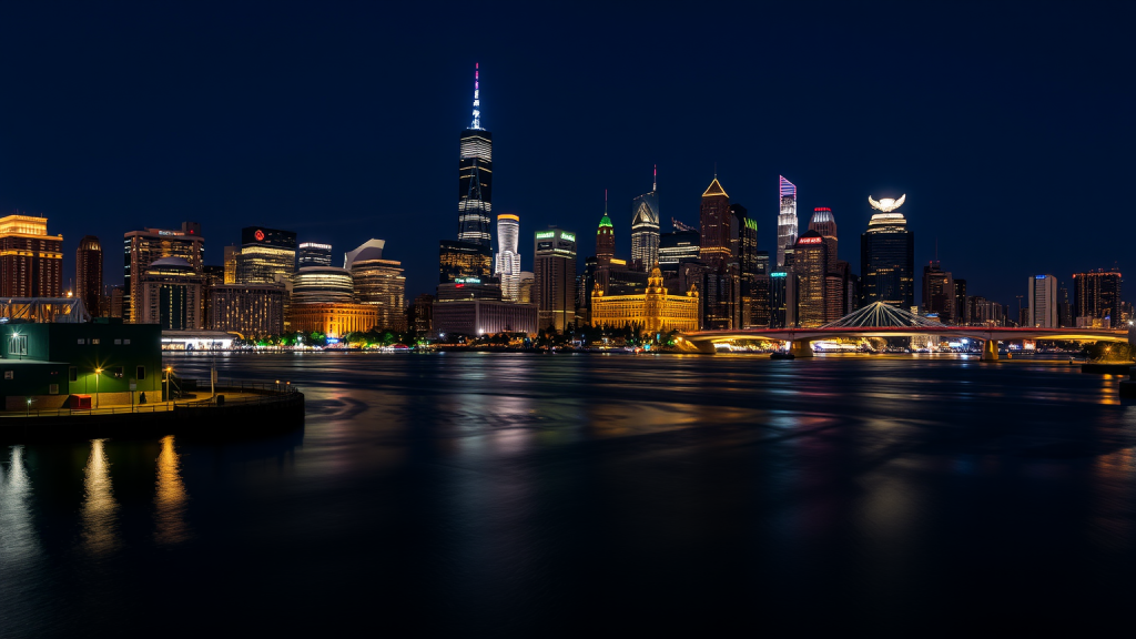 Rheinmetall-Aktie: 1.600 Euro! Nachtansicht der Stadt mit ruhigen Flussreflexionen aus dem Finanzviertel