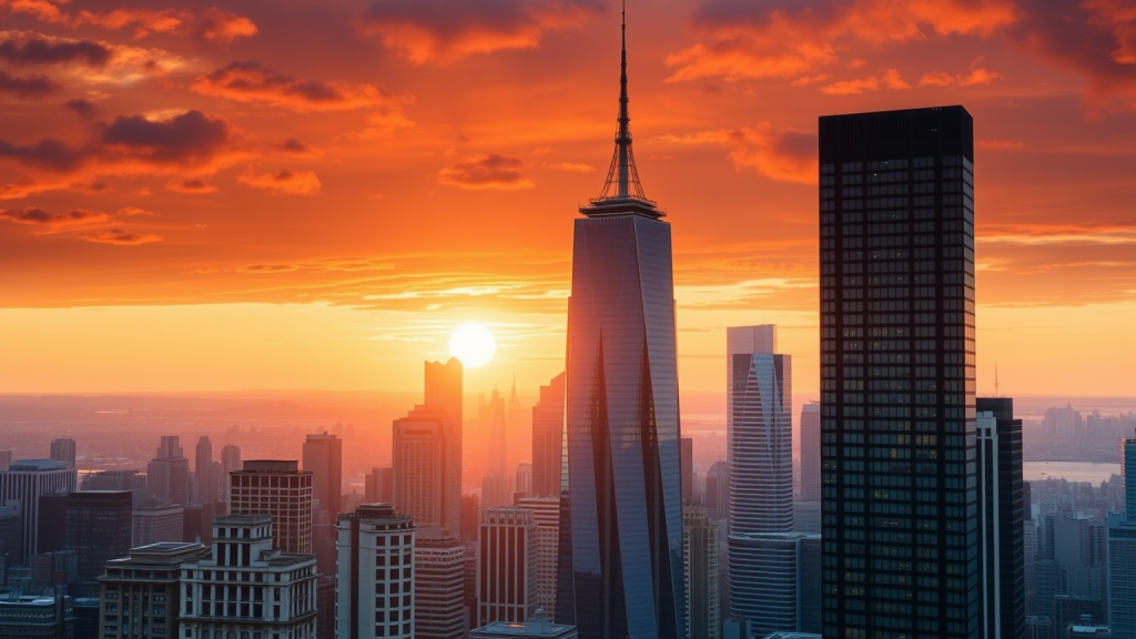 Sonnenaufgang über Finanzviertel mit glitzernden Wolkenkratzern