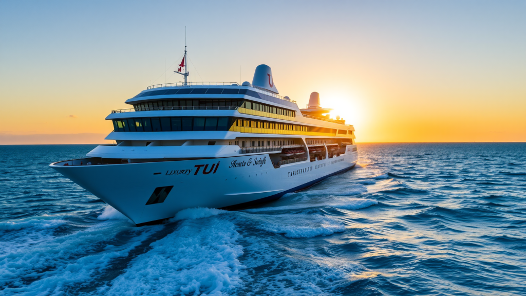 TUI-Kreuzfahrtschiff bei Sonnenuntergang