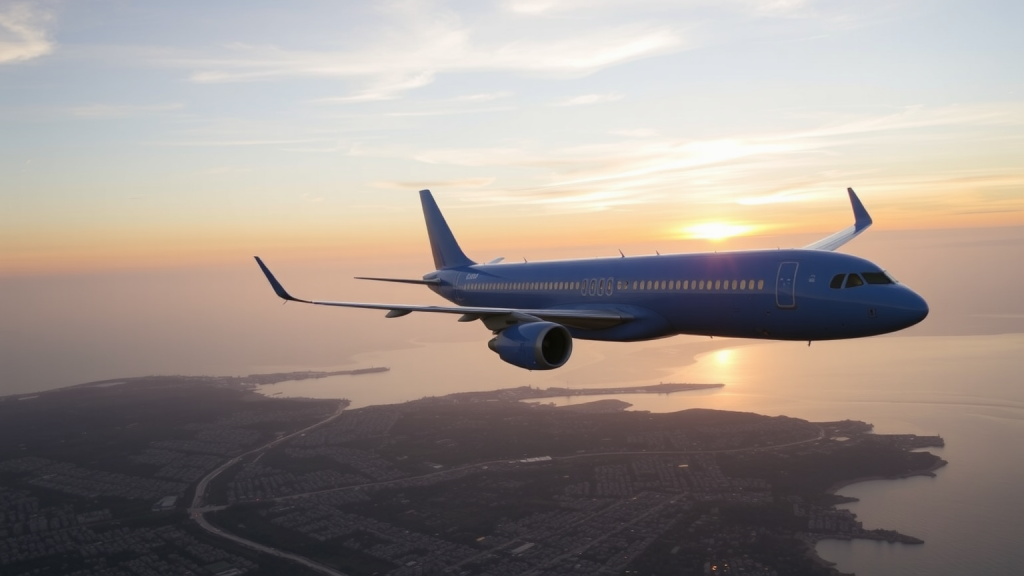 Ein Airbus A320 Neo über einer Küstenstadt.