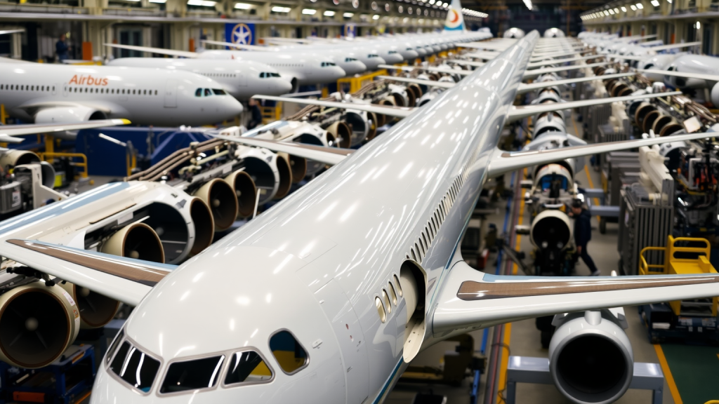 Airbus-Montagelinie mit Flugzeugteilen