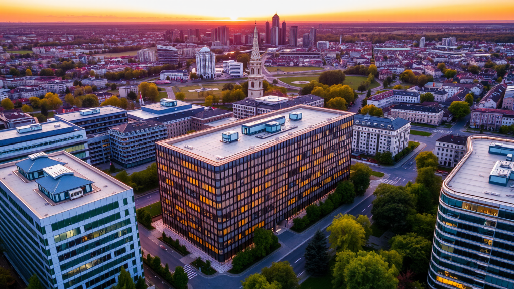 Wacker-Zentrale bei Sonnenuntergang