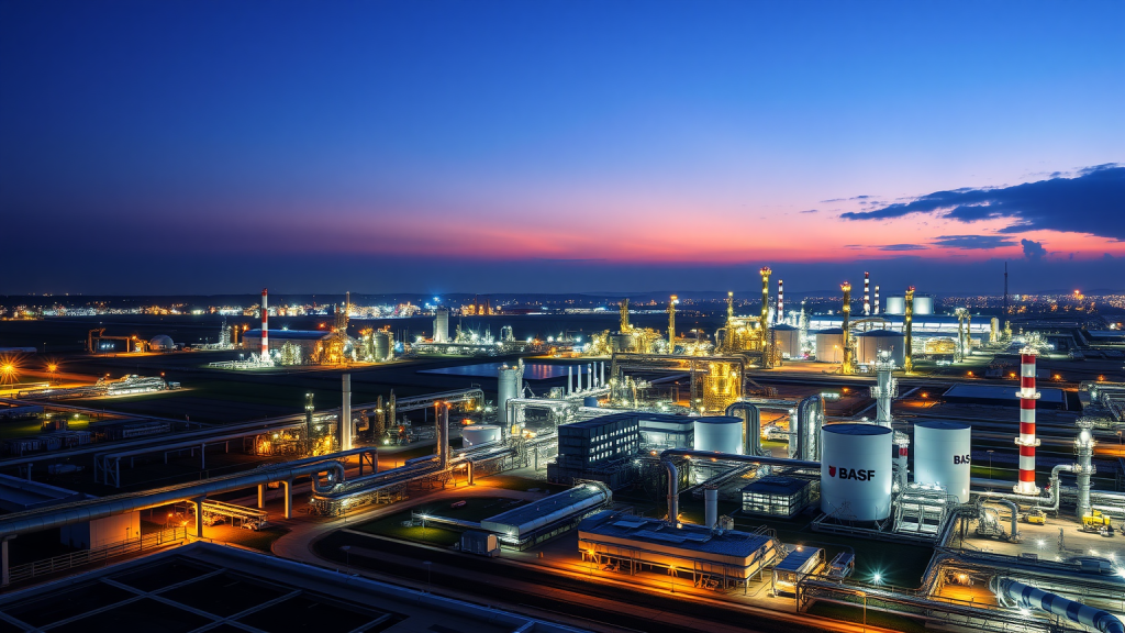 BASF Industriekomplex bei Dämmerung