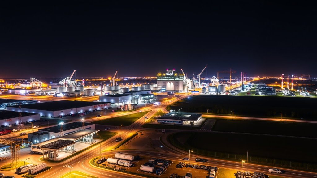 Nachtsicht von BASF-Werk mit LED-Beleuchtung