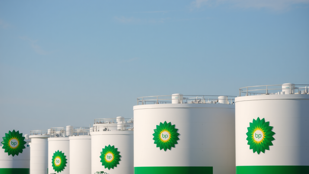 BP-Kraftstofftanks vor klarem Himmel