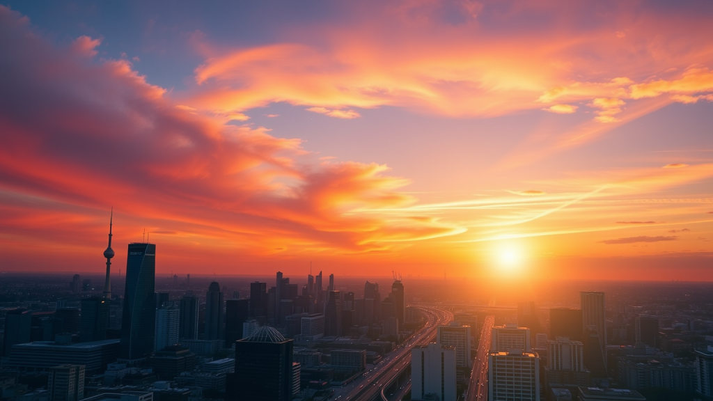 Sonnenaufgang über Stadt mit Marktdaten