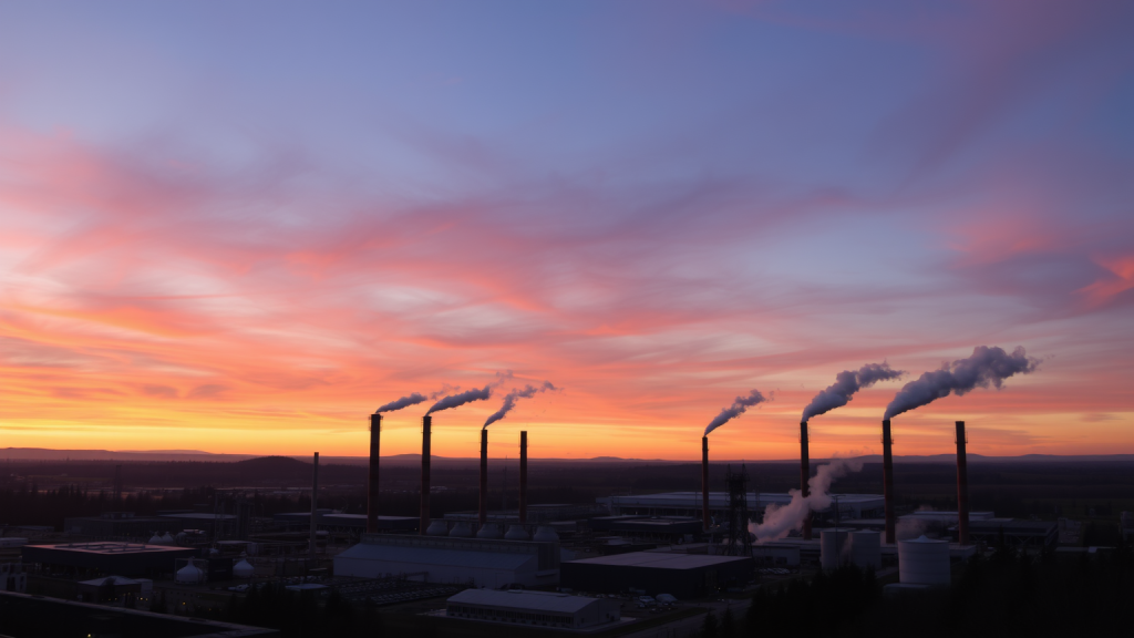 Fabrik von Heidelberg Materials bei Sonnenuntergang