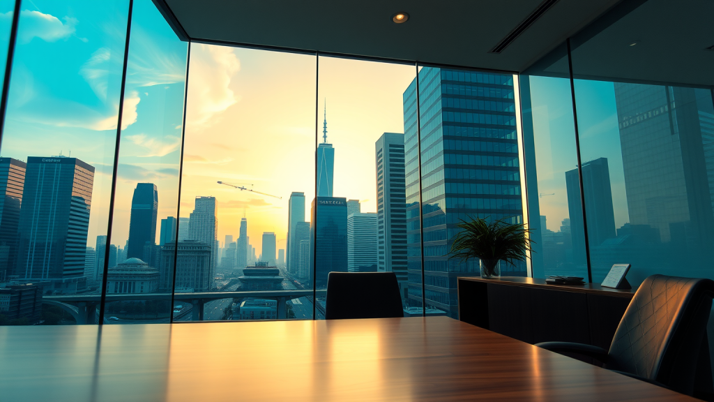 Büro mit Hochhäusern im Morgengrauen