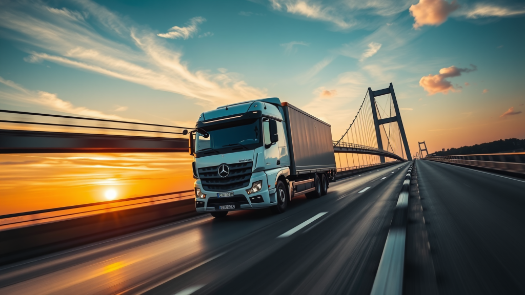 Daimler-Lkw überquert eine Brücke bei Morgendämmerung.