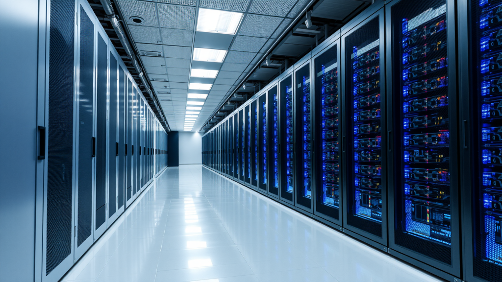 Ein elegantes Deutsche Telekom-Serverzentrum mit beleuchteten Serverreihen