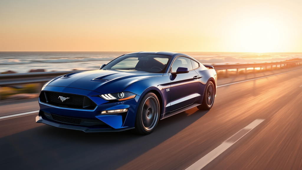 Ein blauer Ford Mustang fährt vor einem Sonnenuntergang entlang einer Küstenstraße.