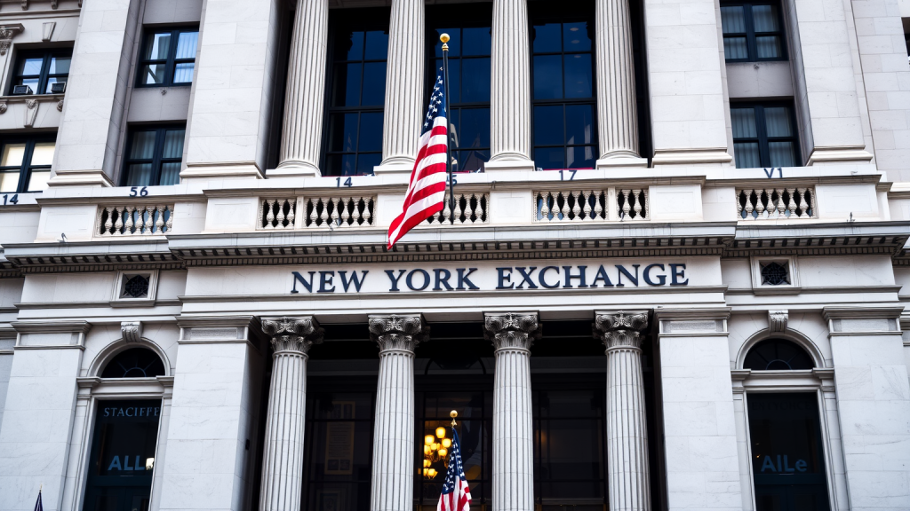 New Yorker Börsengebäude mit amerikanischer Flagge