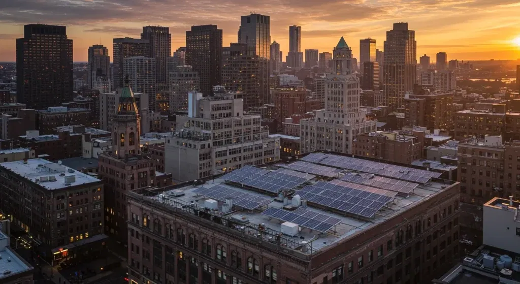Solarpanelen auf Stadtdu00e4chern