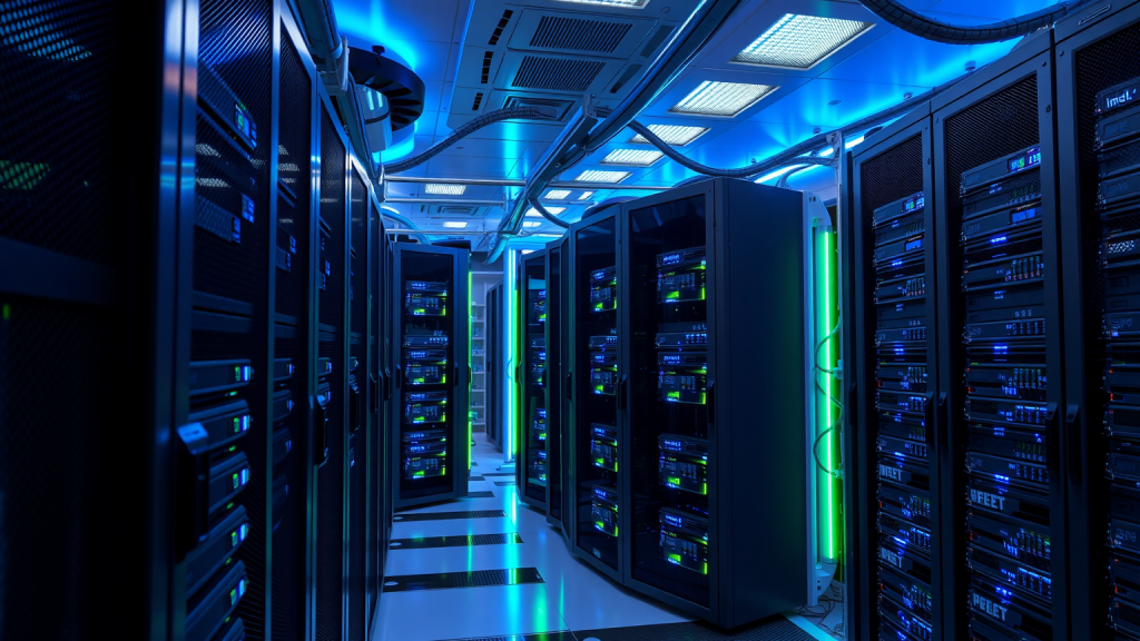 Futuristischer Serverraum mit Intel-Servern.