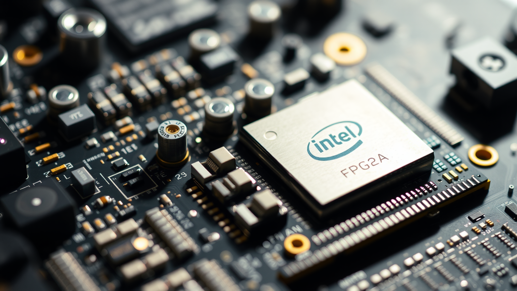 Detailaufnahme eines Intel-FPGA unter hellem Licht.