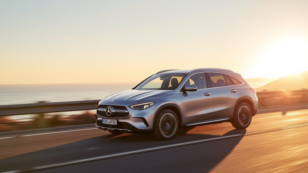 Mercedes-Benz EQS fährt entlang der Küste bei Sonnenuntergang