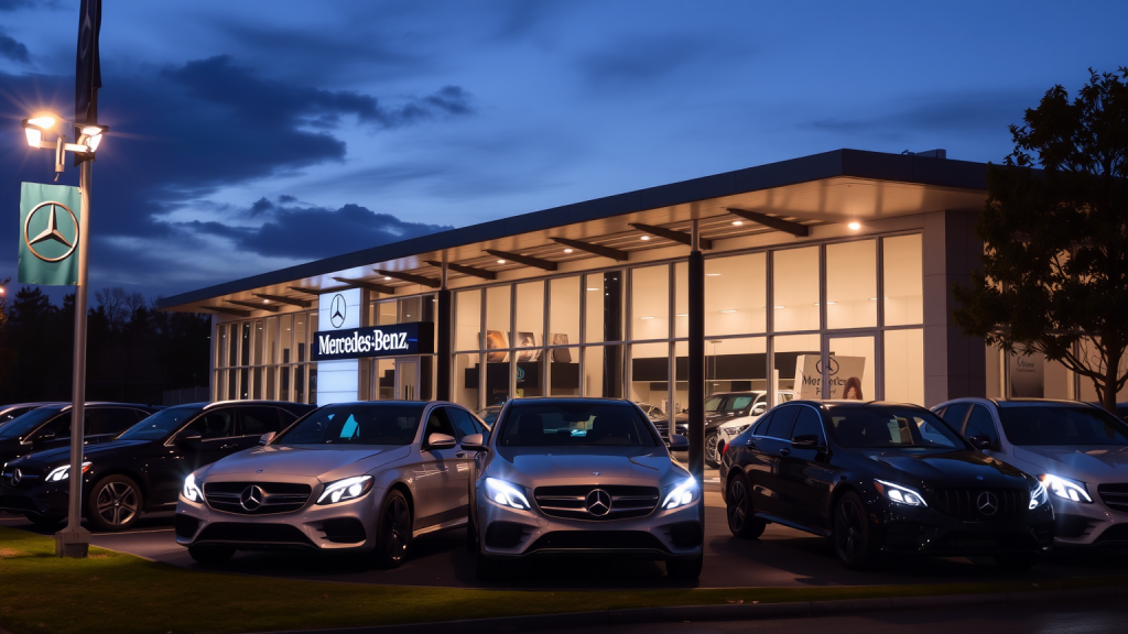 Mercedes-Benz-Autohaus bei Dämmerung