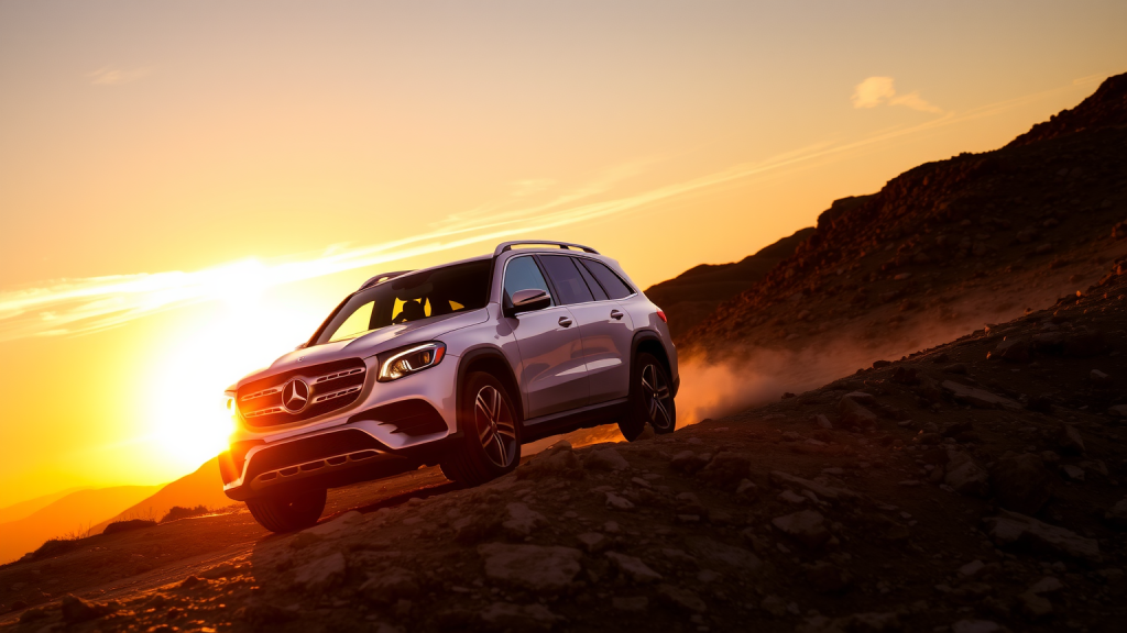 Mercedes-Benz-SUV bei Sonnenuntergang auf abenteuerlichem Gelände