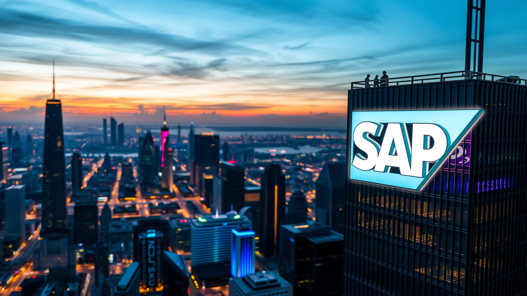 SAP-Aktie: Über das Ziel hinaus! SAP-Logo auf Hochhaus bei Abenddämmerung