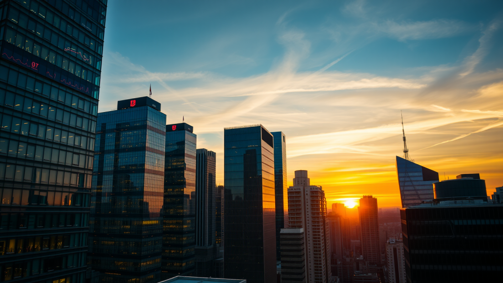 Städtische Skyline bei Sonnenuntergang mit Hochhäusern und geschäftigen Aktienhandel.