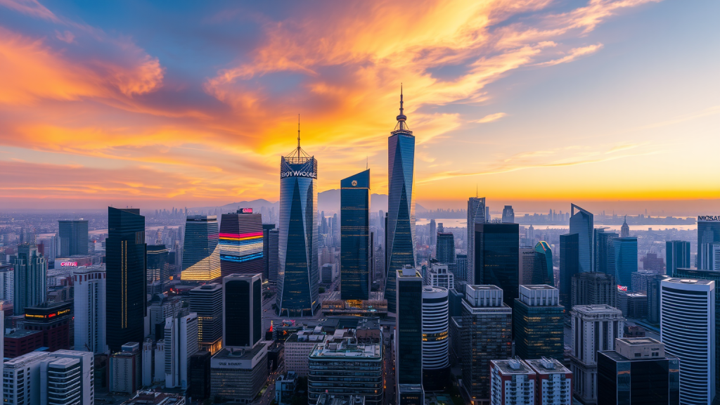 Geschäftiges Finanzviertel bei Sonnenuntergang