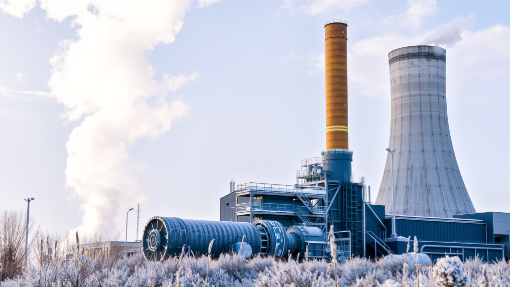RWE-Kraftwerk im Winter mit aufsteigendem Dampf