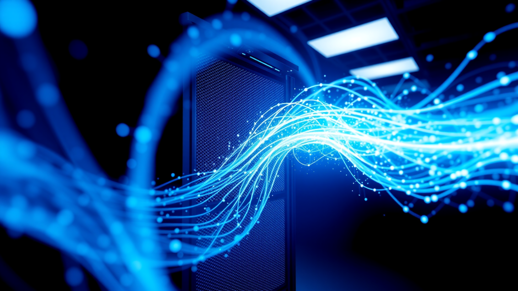 Ein blauer Datenstrom, der in den neuesten GPU-beschleunigten Server von Super Micro Computer fließt