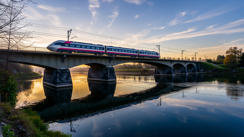 Stadler Zug überquert Brücke bei Sonnenaufgang