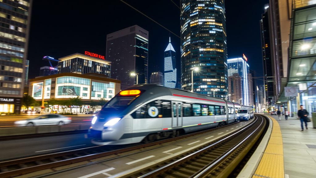 Stadler Rail Zug in urbaner Nachtlandschaft