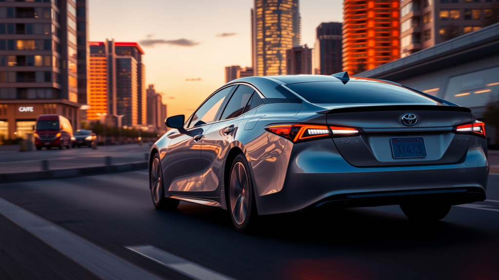 Ein silbernes Toyota-Hybridauto fährt durch eine futuristische Stadtlandschaft bei Dämmerung