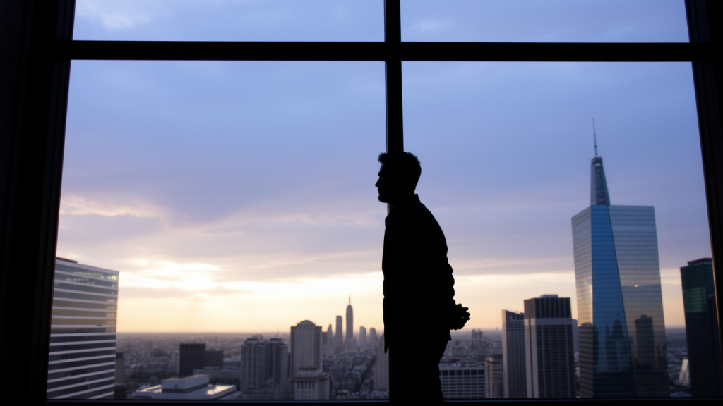 Nachdenklicher Investor vor Stadtblick