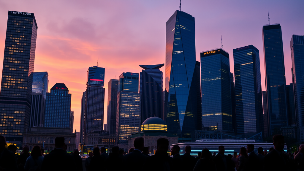 Finanzbezirk bei Sonnenuntergang mit Bürolichtern und Geschäftspersonen