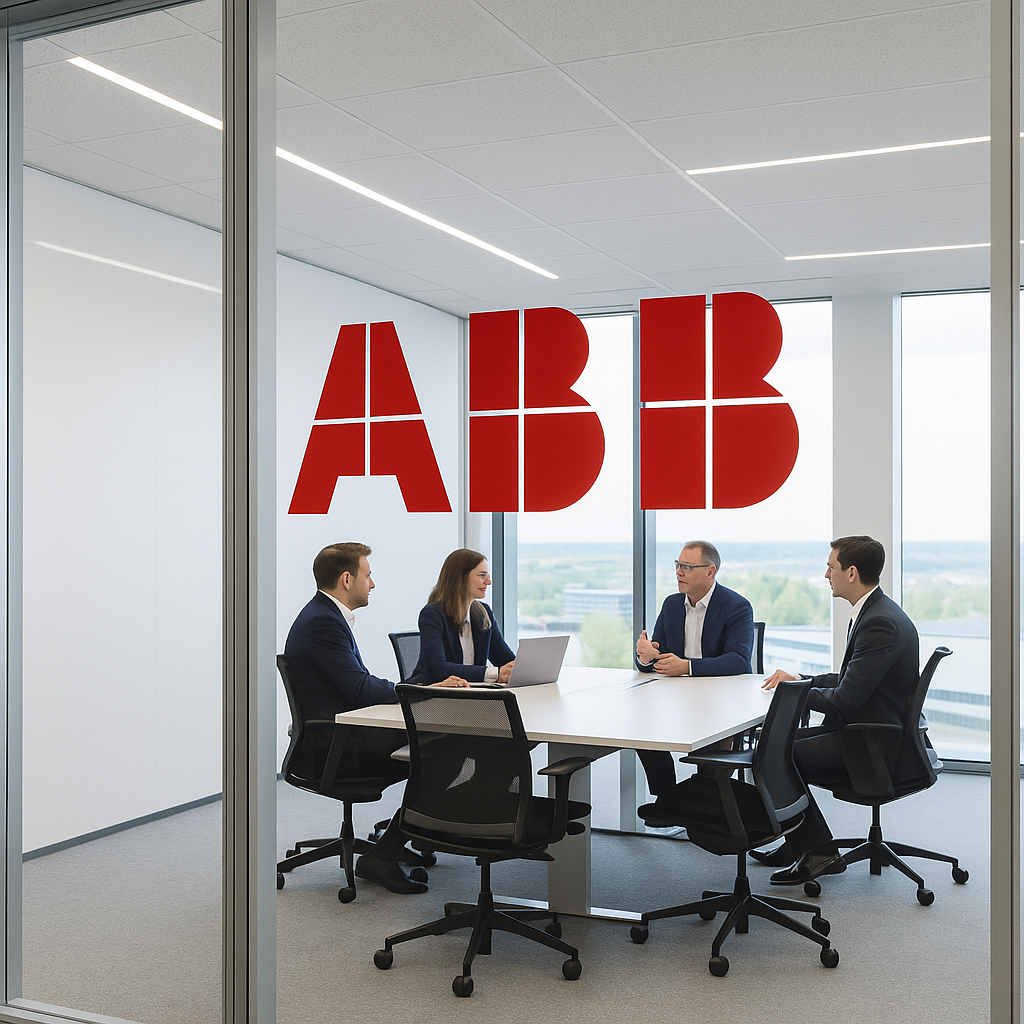 Ein moderner Konferenzraum im ABB-Design mit Glaswänden, auf denen das rote ABB-Logo sichtbar ist; mehrere Mitarbeitende in Businesskleidung führen ein Gespräch am Tisch.