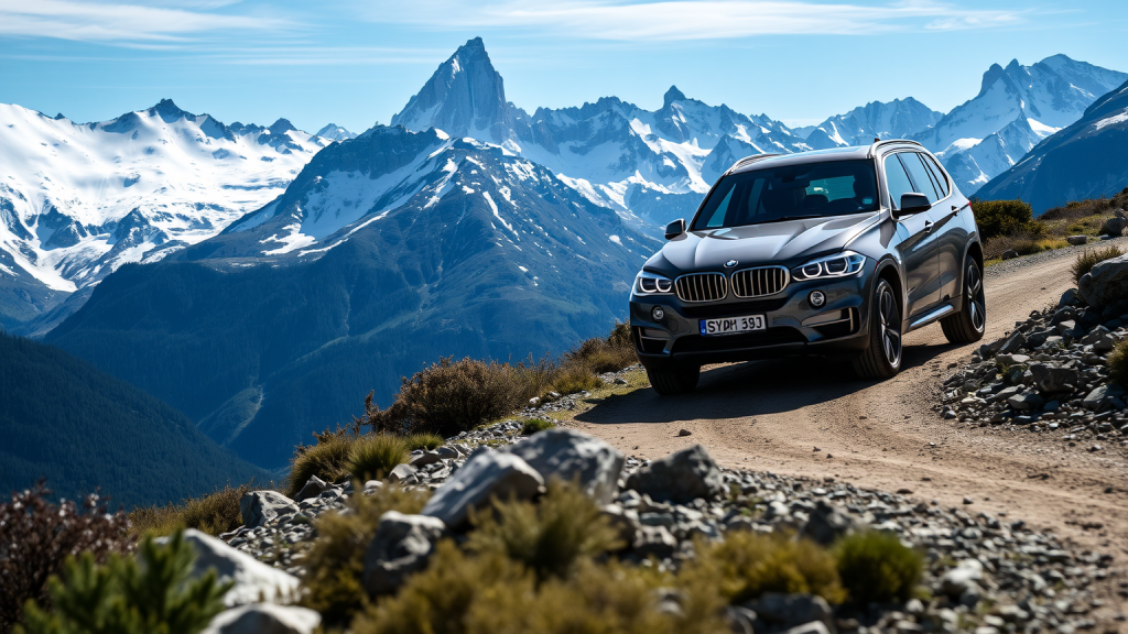BMW-SUV auf einem Bergweg mit schneebedeckten Gipfeln