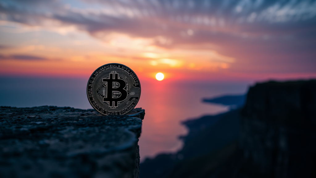Bitcoin-Münze am Rand eines Kliffs bei Sonnenuntergang