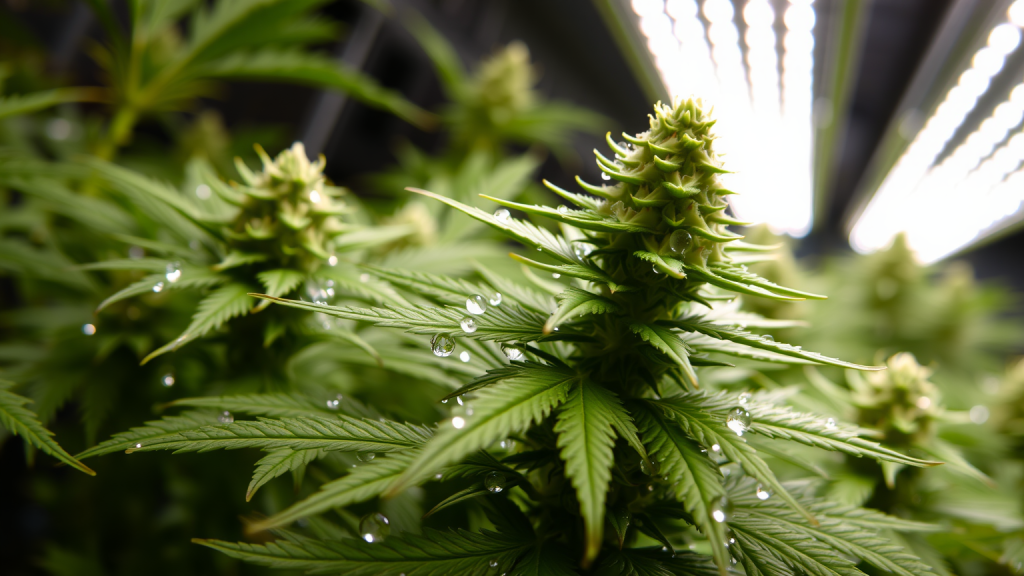 Frische Cannabisblüten unter LED-Lichtern