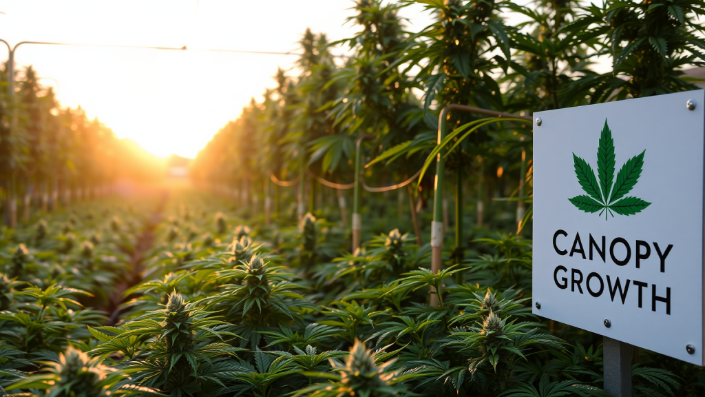 Hanfplantage bei Sonnenaufgang mit Canopy Growth Schild.
