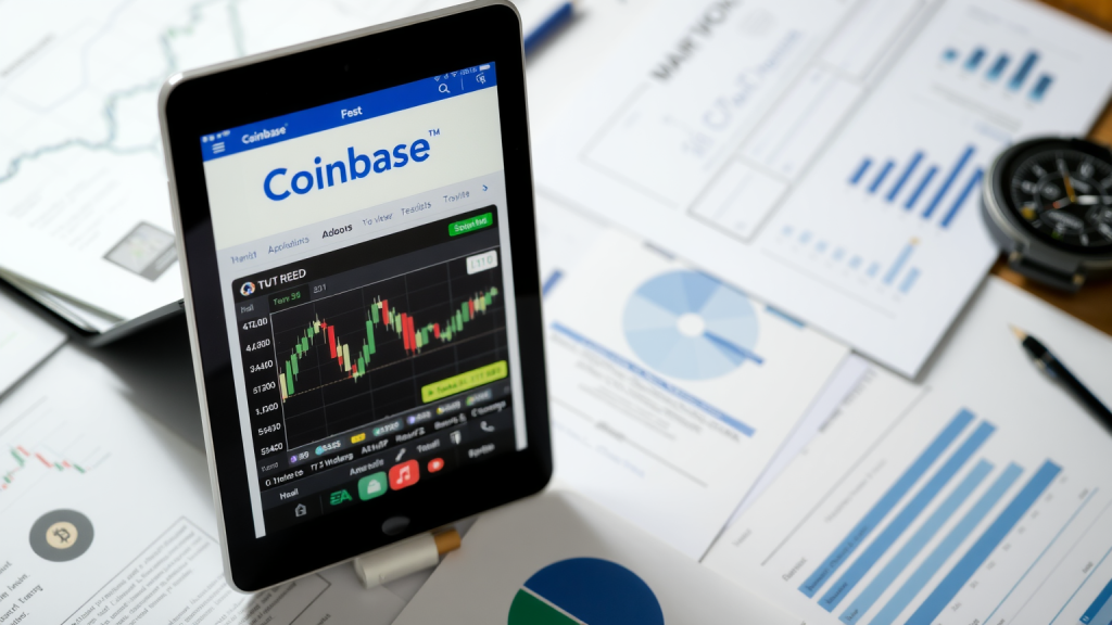 Tablet mit Coinbase-App und Finanzdokumenten