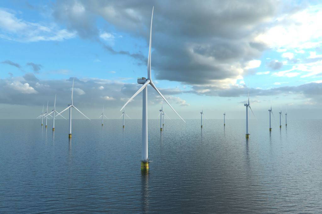 Offshore-Windpark mit zahlreichen Windrädern im Meer bei ruhiger See und teils bewölktem Himmel – visualisierte Darstellung des Empire-Wind-Projekts.