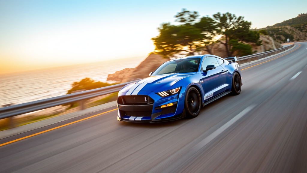 Blauer Ford Mustang an Küstenstraße