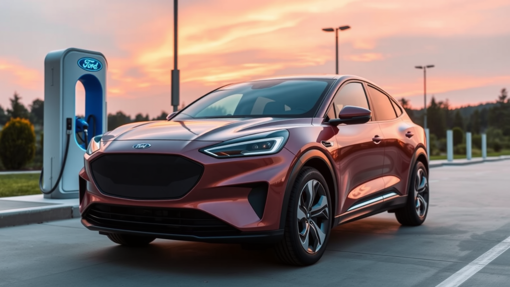 Ein Ford-Elektrofahrzeug an einer Ladestation bei Sonnenuntergang