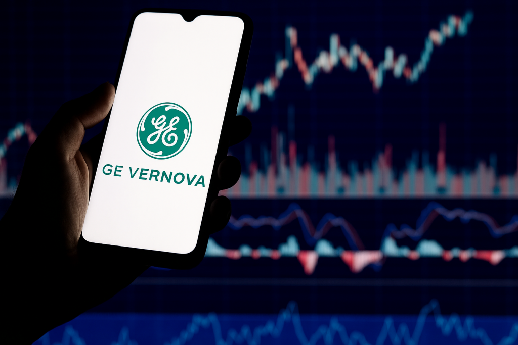 Eine Hand hält ein Smartphone mit dem GE Vernova-Logo auf dem Display. Im Hintergrund ist ein unscharfer Börsenbildschirm mit Kursgrafiken zu sehen, der auf steigende und fallende Aktienkurse hinweist. Die Szene vermittelt den Eindruck von Finanzhandel und Aktienmarktanalyse.