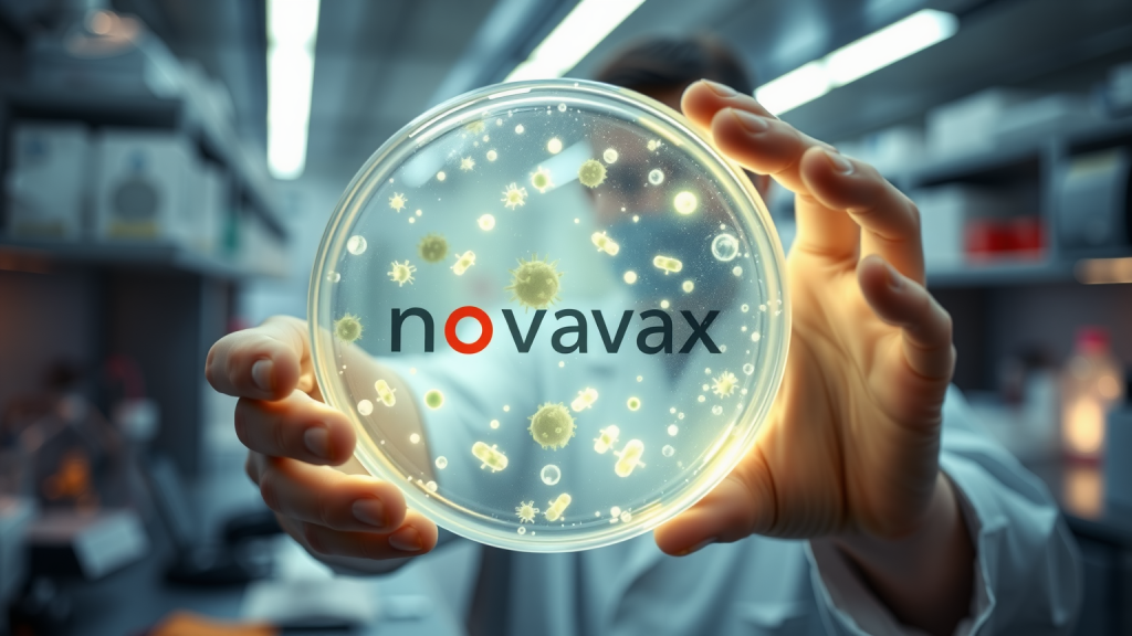 Forscher hält eine leuchtende Petrischale mit Novavax-Logo