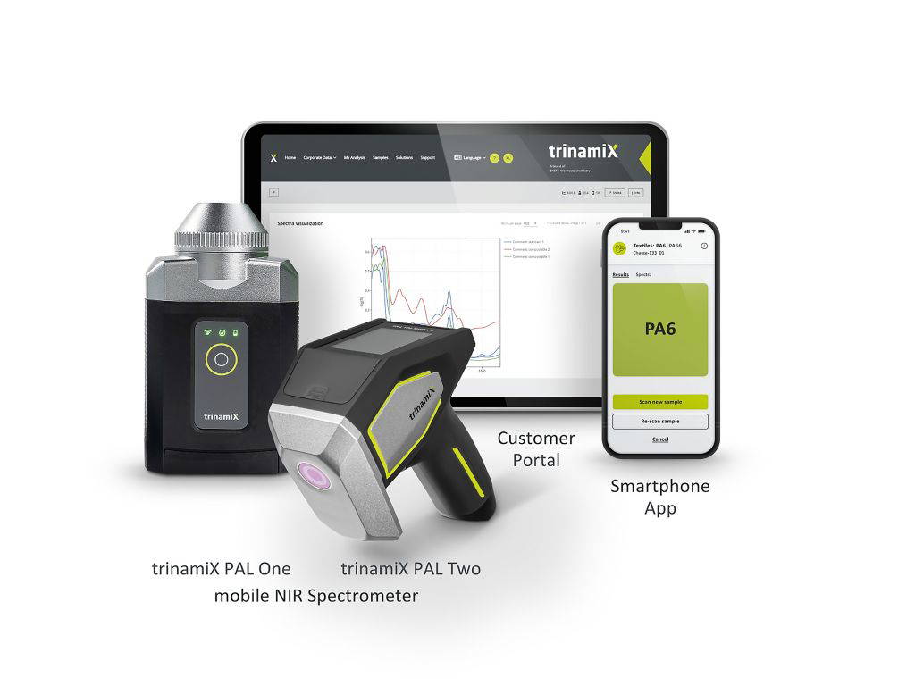 Mobile Spektroskopie-Lösung von trinamiX mit PAL One, PAL Two, Smartphone-App und Customer Portal zur Identifikation von Textilfasern.