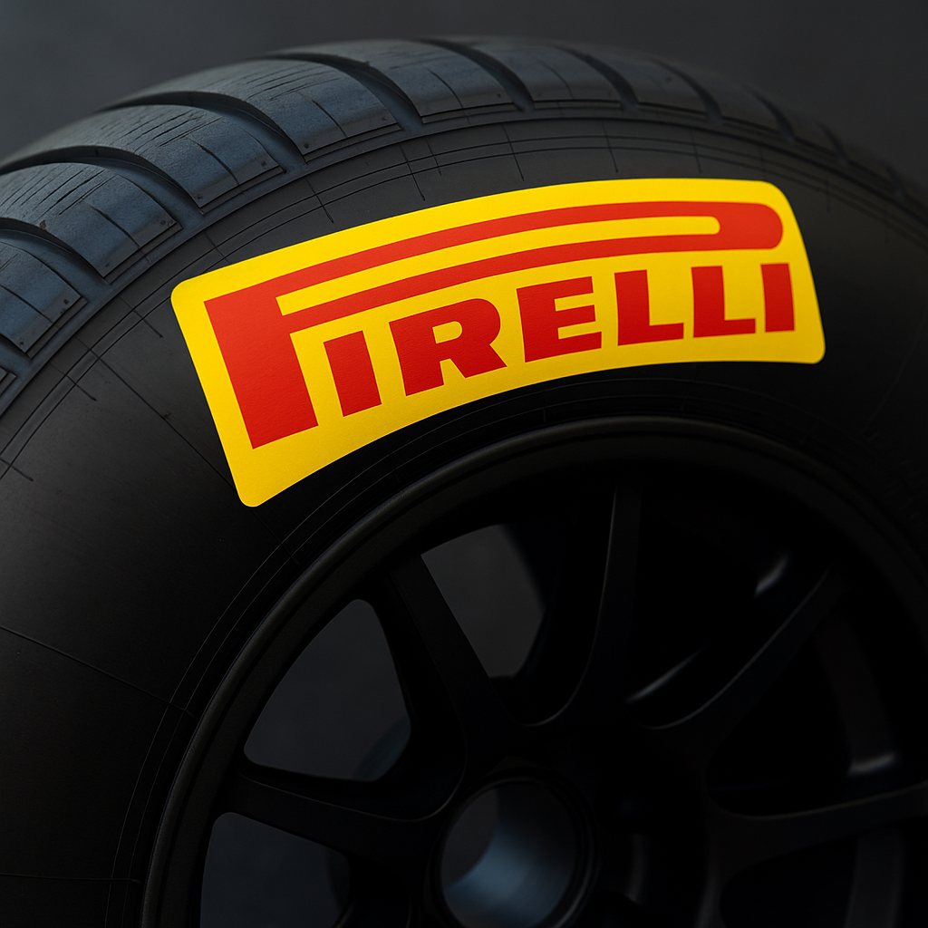 Nahaufnahme eines Pirelli-Reifens mit gut sichtbarem Pirelli-Logo auf der Reifenflanke, fotografiert bei Tageslicht, Fokus auf Markenprägung und Profil.