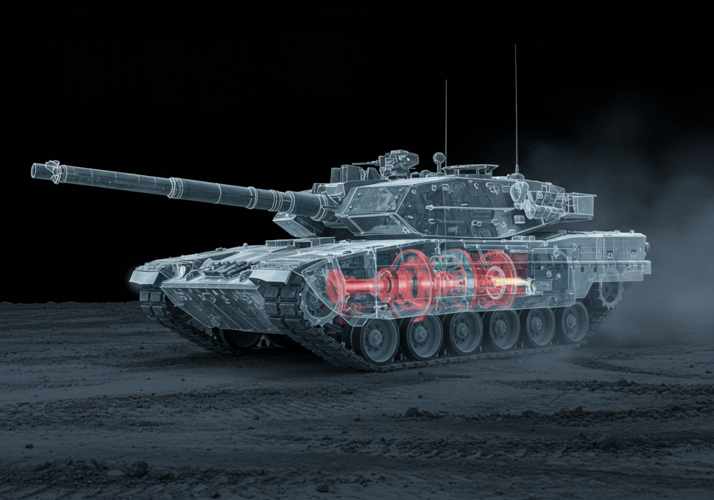 Visualisierung eines Kampfpanzers mit transparenter Außenhülle und hervorgehobenem Renk-Getriebesystem als technisches Herzstück auf staubigem Untergrund.