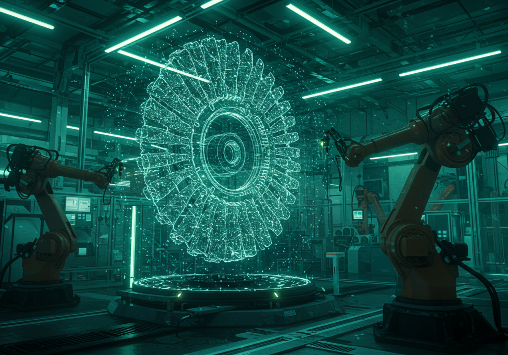 Futuristische Fertigungshalle mit zwei Industrierobotern, die ein holografisches 3D-Zahnrad modellieren – Symbol für digitale Präzision und Innovationskraft von Renk.